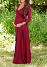 Burgundy Sashes Draped V-neck Maternity Banquet For Babyshower Elegant Party Maxi Dress
