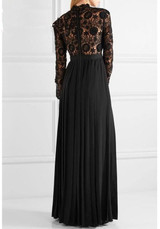 Black Patchwork Pleated Lace Zipper Elegant Maxi Dress