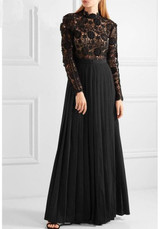 Black Patchwork Pleated Lace Zipper Elegant Maxi Dress