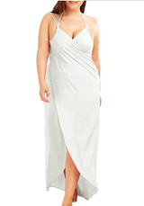 White Draped Backless Irregular V-neck Spaghetti Strap Plus Size Beach Maxi Dress