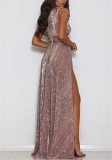 Pink Plain Cut Out Sequin Plunging Neckline Fashion Maxi Dress