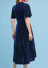 Navy Blue Irregular Sashes Velvet Bow V-neck Short Sleeve Maxi Dress