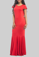 Red Draped Round Neck Short Sleeve Casual Maxi Dress