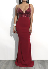 Red Sequin Mermaid Spaghetti Strap High Waisted Backless Elegant Banquet Party Maxi Dress