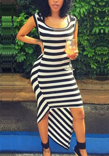 Black-White Striped Irregular Swallowtail High-low Casual Going out Maxi Dress