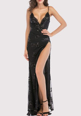 Black Sequin Grenadine Spaghetti Strap Backless Deep V-neck Elegant Party Maxi Dress