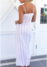 White-Pink Striped Backless Slit Spaghetti Strap High Waisted Casual Maxi Dress