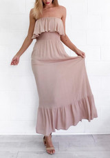 Pink Ruffle Off Shoulder Backless Flowy High Waisted Bohemian Elegant Party Maxi Dress