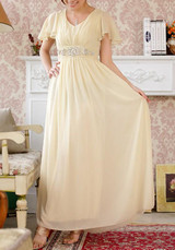 Patchwork Rhinestone Pleated V-neck Flutter Sleeve Maxi Dress