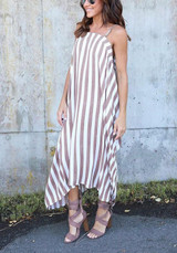 White Striped Condole Belt Irregular Fashion Maxi Dress