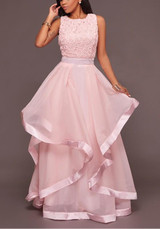 Pink Patchwork Lace Irregular Grenadine Zipper Homecoming Party Maxi Dress For Wedding