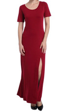 Red Draped Side Slit Round Neck Short Sleeve Maxi Dress