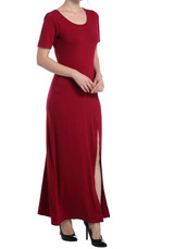 Red Draped Side Slit Round Neck Short Sleeve Maxi Dress