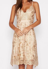 Golden Patchwork Hollow-out Lace Condole Belt Zipper Embroidery Midi Dress Golden Patchwork Hollow-out Lace Condole Belt Zipper Embroidery Midi Dress