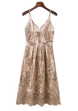 Golden Patchwork Hollow-out Lace Condole Belt Zipper Embroidery Midi Dress