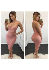 Pink Patchwork Lace Deep V-neck Spaghetti Strap Club Midi Dress