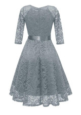 Grey Draped Lace Sashes A-Line V-neck Elegant Party Midi Dress