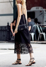 Black Patchwork Lace Hollow-out Draped Deep V-neck Spaghetti Straps Midi Dress