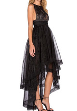 Black Patchwork Lace Zipper Grenadine Irregular High-low Midi Dress