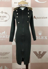 Army Green Plain Zipper Double Breasted V-neck Fashion Midi Dress