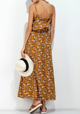 Yellow Flowers Cut Out Spaghetti Strap Open Back Maxi Dress