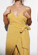 Yellow Cut Out Backless Slit Spaghetti Strap Lace-up Deep V-neck Party Maxi Dress