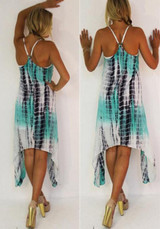 White Green Irregular Draped Tie Dye Spaghetti Strap Flowy Beach Boho Maxi Dress