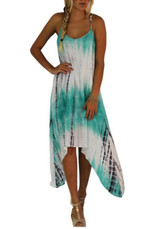 White Green Irregular Draped Tie Dye Spaghetti Strap Flowy Beach Boho Maxi Dress