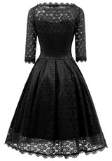 Black Patchwork Lace Irregular Round Neck Elbow Sleeve Midi Dress