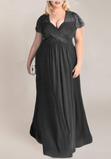 Black Patchwork Draped Lace V-neck Short Sleeve Elegant Maxi Dress
