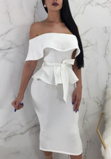 White Ruffle Sashes Off Shoulder Peplum Backless Two Piece Elegant Party Midi Dress