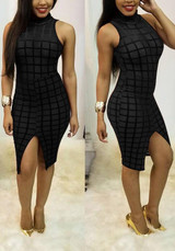 Black Plaid Side Slit High Neck Fashion Cotton Midi Dress