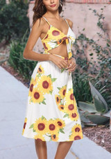 White Sunflower Print Cut Out Spaghetti Strap Bowknot Country Bohemian Party Midi Dress