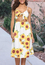 White Sunflower Print Cut Out Spaghetti Strap Bowknot Country Bohemian Party Midi Dress