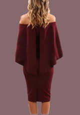 Burgundy Bandeau Off Shoulder Backless Cape Party Midi Dress