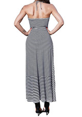 Black Striped Irregular V-neck Spaghetti Strap Slit Clubwear Maxi Dress