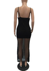 Black Grenadine Condole Belt Plunging Neckline Backless Maxi Dress