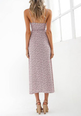 Pink Flowers Spaghetti Strap Irregular Side Slit Backless V-neck Fashion Maxi Dress
