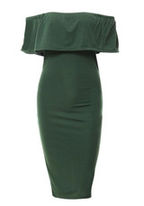 Army Green Ruffle Boat Neck Elbow Sleeve Fashion Midi Dress