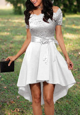 White Lace Irregular Draped Sashes Off Shoulder High-low Elegant Party Midi Dress