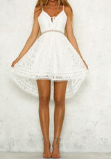 White Lace Spaghetti Strap Drawstring Lace-Up Deep V-neck Sweet Homecoming Party Midi Dress White Lace Spaghetti Strap Drawstring Lace-Up Deep V-neck Sweet Homecoming Party Midi Dress