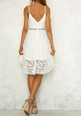 White Lace Spaghetti Strap Drawstring Lace-Up Deep V-neck Sweet Homecoming Party Midi Dress White Lace Spaghetti Strap Drawstring Lace-Up Deep V-neck Sweet Homecoming Party Midi Dress