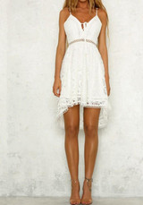 White Lace Spaghetti Strap Drawstring Lace-Up Deep V-neck Sweet Homecoming Party Midi Dress White Lace Spaghetti Strap Drawstring Lace-Up Deep V-neck Sweet Homecoming Party Midi Dress