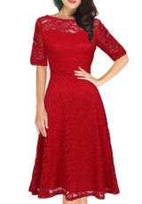 Red Patchwork Lace Zipper Round Neck Sweet Midi Dress