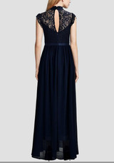 Navy Blue Patchwork Lace Zipper Draped Elegant Cocktail Party Chiffon Maxi Dress