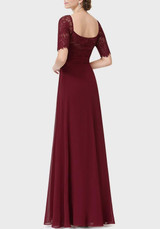 Burgundy Patchwork Lace Draped Side Slit Chiffon Backless Elegant Party Maxi Dress