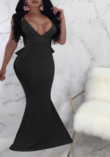 Black Ruffle Spaghetti Strap Backless Mermaid Deep V-neck Elegant Party Maxi Dress