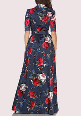 Dark Blue Flowers Belt Single Breasted Draped Turndown Collar Maxi Dress