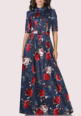 Dark Blue Flowers Belt Single Breasted Draped Turndown Collar Maxi Dress