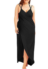 Black Draped Backless Irregular V-neck Spaghetti Strap Plus Size Beach Maxi Dress